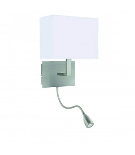 Lampada da parete orientabile con lampada da lettura, in argento satinato con paralume bianco