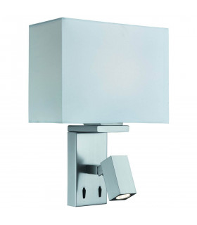 Lampada da parete orientabile con lampada da lettura, in argento satinato con paralume bianco