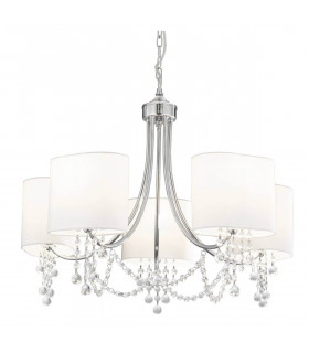 Suspension Nina, en chrome et cristal avec 5 abat-jour blancs