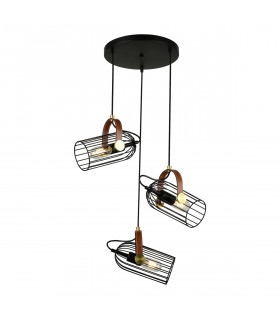 Industrial and retro pendant lamp Antoin Noir in steel and leather