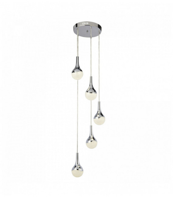 Suspension wave teardrop 5 ampoules led, abat-jour effet glace pilée, chrome