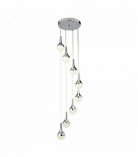 Wave teardrop pendant light, 8 led bulbs, crushed ice effect shade, chrome