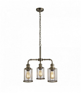 3-bulb antique brass pipe pendant with grained glass