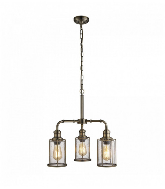 3-bulb antique brass pipe pendant with grained glass