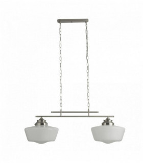 School pendant light 2 bulbs in satin silver with opal glass