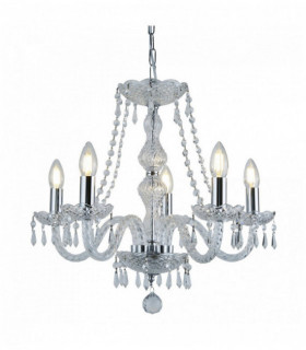 Kronleuchter 5 hale Lichter, Kristallverkleidung transparent Chrom
