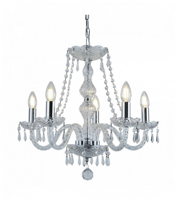 Lampadario 5 luci Hale, cristallo trasparente finiture cromate
