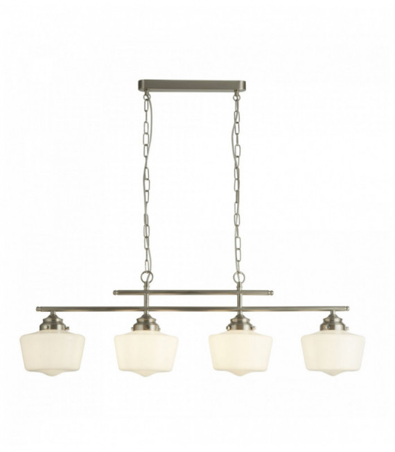 Suspension school 4 ampoules argent satiné avec verre opale