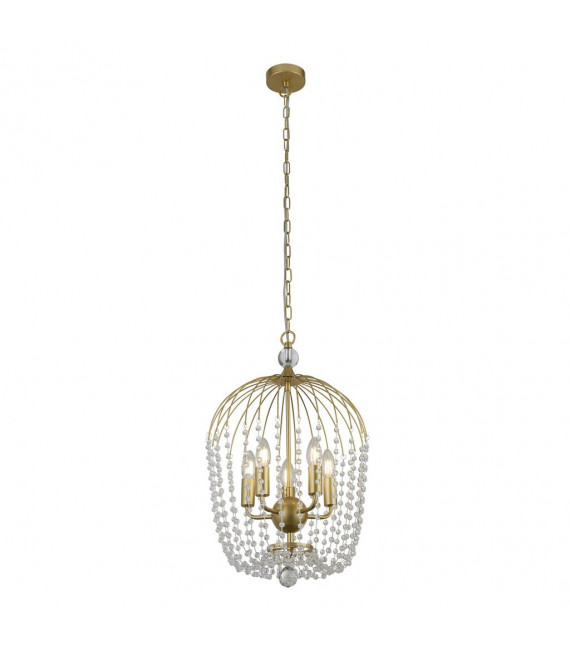 Glass shower pendant light, painted gold mild steel, transparent 5 bulbs 56cm