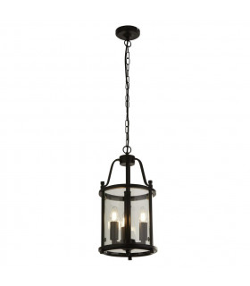 Bevelled Lantern Pendant Glass,Mild Steel Black,Clear 3 Bulbs 44cm