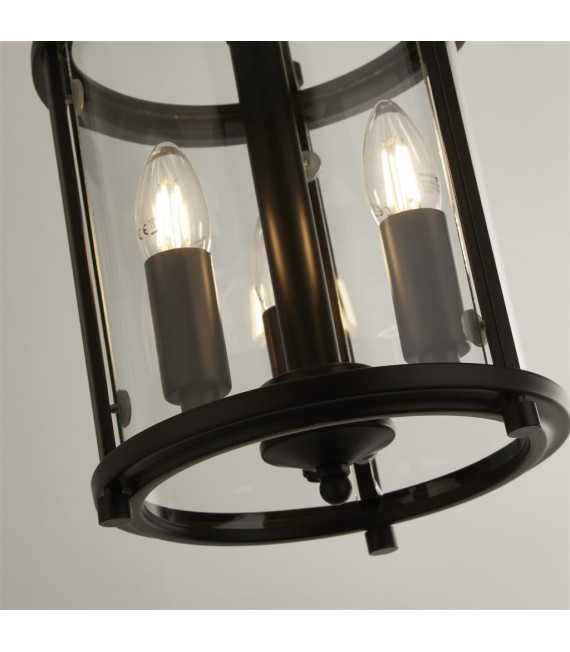 Bevelled Lantern Pendant Glass,Mild Steel Black,Clear 3 Bulbs 44cm