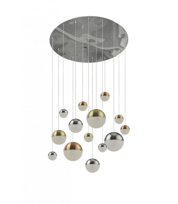 Planets pendant lamp 14 bulbs Acrylic, mild steel Chrome, satin brass, copper, Transparent