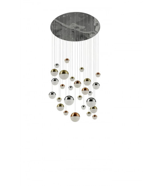 Colgante Planetas 27 bombillas Acrílico, acero dulce Cromo, latón satinado, cobre, Transparente