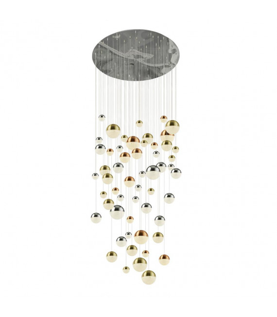 Lámpara colgante Planets 55 bombillas Vidrio, acrílico, acero dulce Cromo, latón satinado, cobre, Transparente