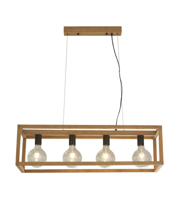 Square Bamboo pendant lamp Black, natural wood 4 bulbs 25cm