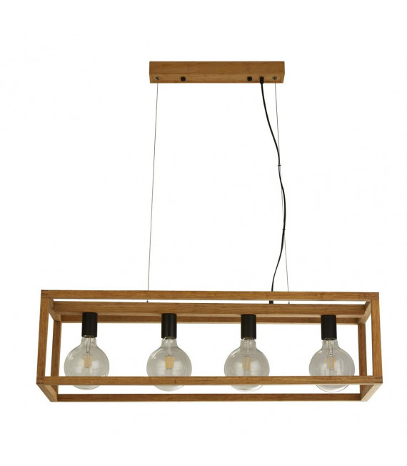 Square Bamboo pendant lamp Black, natural wood 4 bulbs 25cm