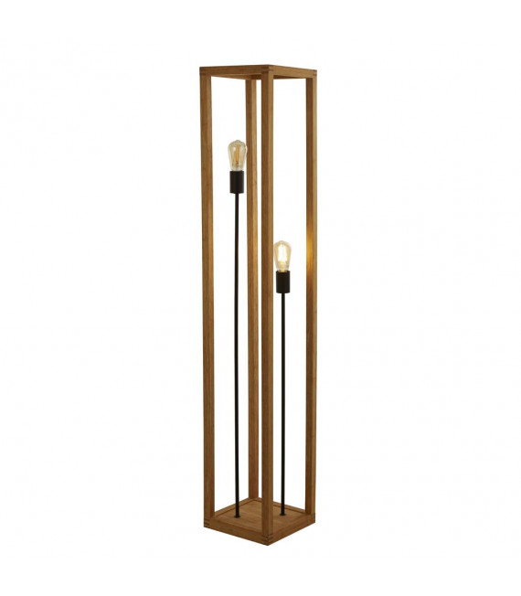 Lámpara de pie Cuadrada 2 bombillas Plástico, madera de bambú tejida Negro, madera natural