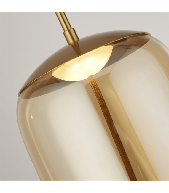 Lisbon Pendelleuchte Glas, Baustahl Messing satiniert, Bernsteinglas 1 Glühbirne 43cm