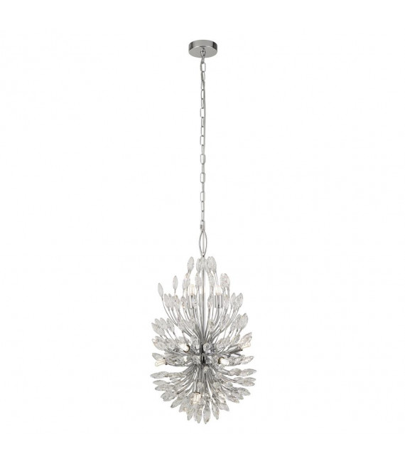 Ciondolo pavone in vetro, acciaio dolce cromato, trasparente 14 lampadine 64 cm