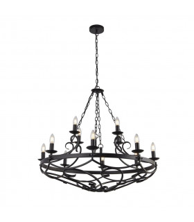 Pendente a ruota di carro Acciaio dolce Nero 12 lampadine 46cm
