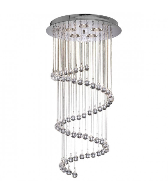 Lampada a sospensione a spirale per corridoio, cromata e cristallo
