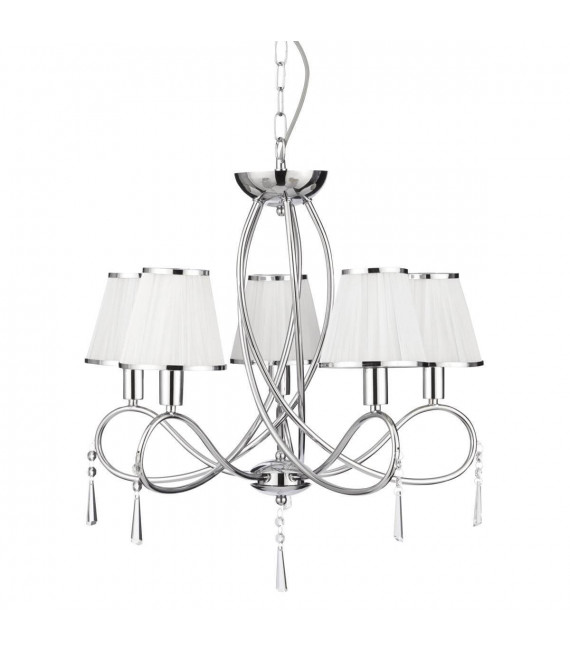 Einfache Pendelleuchte aus Chrom und Glas mit 5 weißen Schirmen