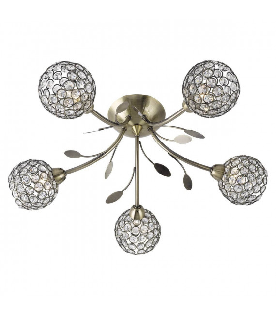 Lampada da soffitto 5 lampadine Bellis II, in ottone antico e vetro