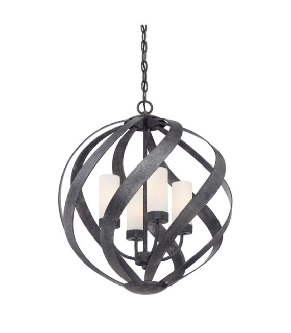 Suspension Quoizel Verre gravé opale,acier Vieux Noir