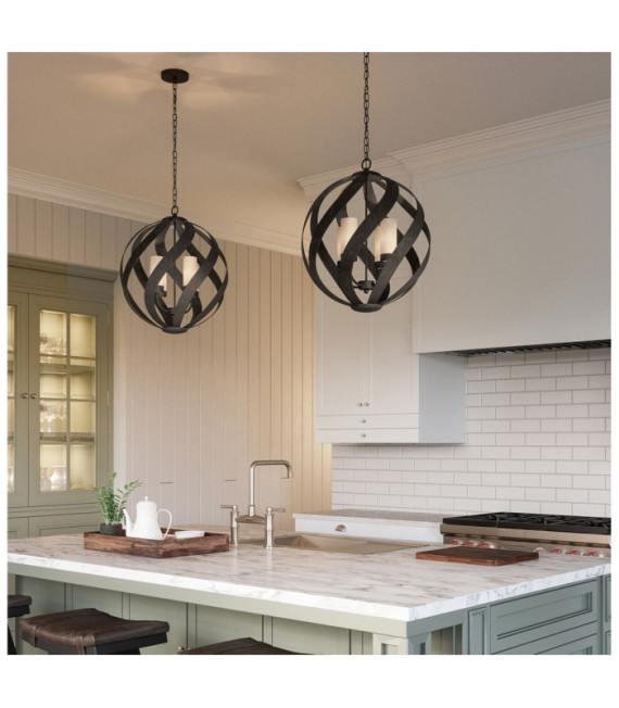 Suspension Quoizel Verre gravé opale,acier Vieux Noir