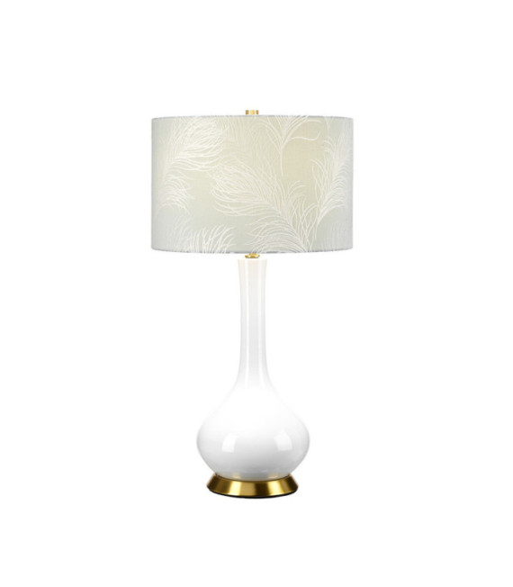 Lampada da tavolo Milo Base in ceramica, acciaio, paralume in tessuto ottone invecchiato