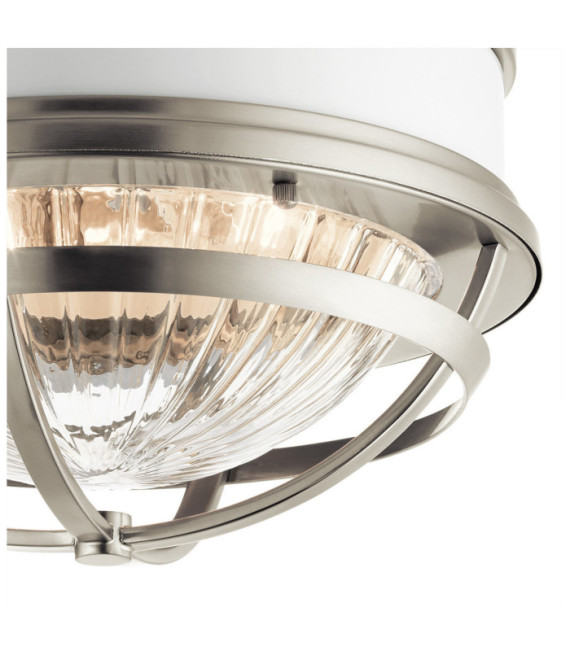 Plafonnier Kichler Verre nervuré transparent,acier Nickel brossé et blanc