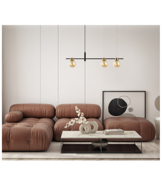 Suspension Bletter Verre,Acier Noir, Ambre
