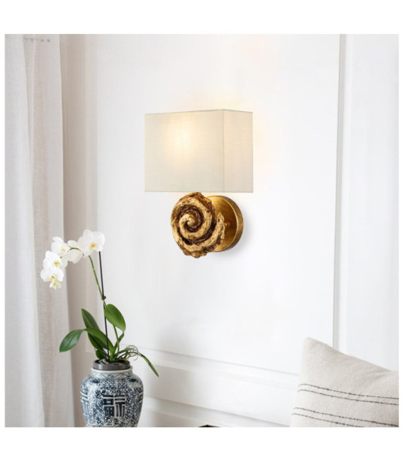 Swirl wall light Linen lampshade, steel, gold leaf resin