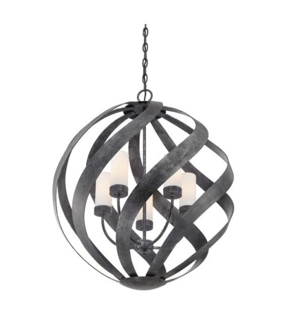 Suspension Quoizel Verre gravé opale,acier Vieux Noir