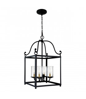 Deklaration Pendelleuchte, antikes Schmiedeeisen, Glas, 4 Lichter