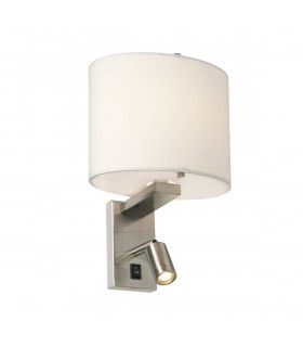 Lámpara de pared Belmont, níquel cepillado, pantalla blanca, LED + E14