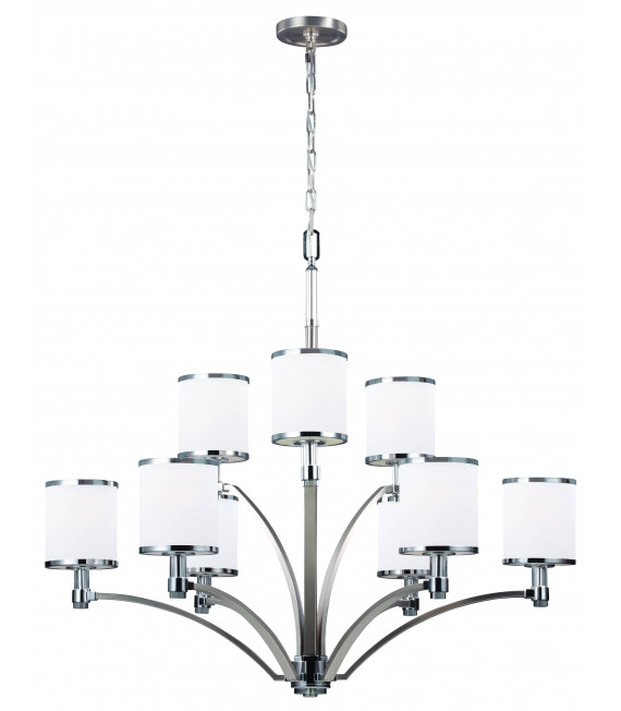 Lampadario Prospect Park, nichel satinato, cromo, vetro opale, 9 luci