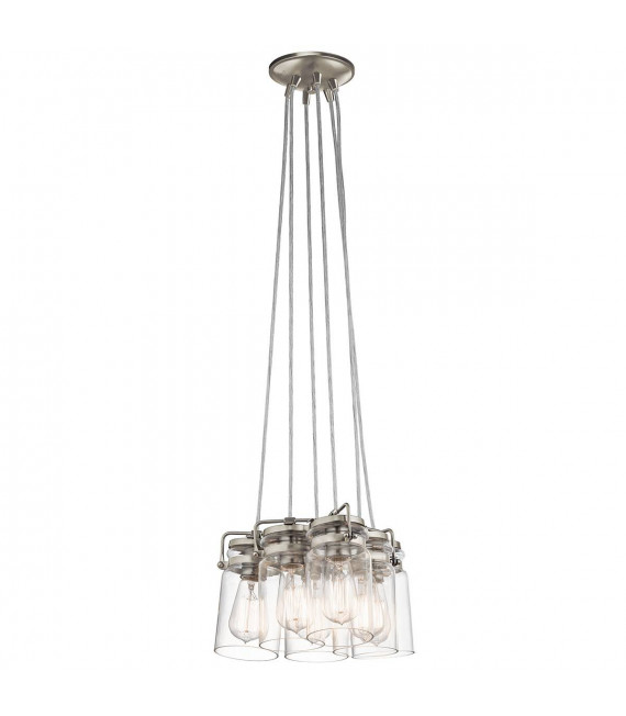 Lámpara colgante Brinley, níquel cepillado, vidrio, 6 luces