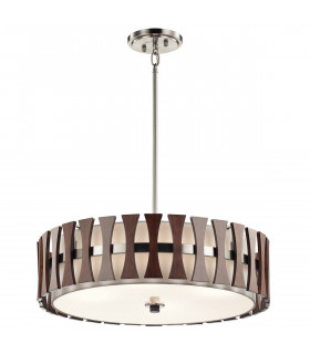 Lampada a sospensione Cirus, nichel spazzolato, legno, tessuto bianco, 4 luci