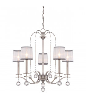 Lampadario Whitney, argento imperiale, organza bianca e grigia, decorazioni in cristallo