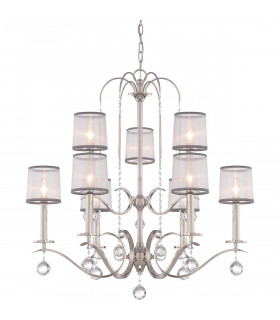 Whitney Kronleuchter, kaiserliches Silber, weißer und grauer Organza, Kristalldekor, 9 Lichter