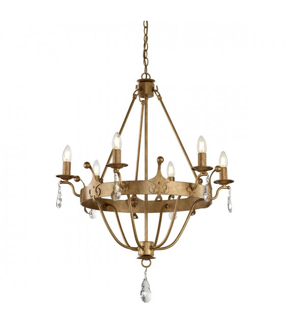 Lampada a sospensione Windsor, finitura patina dorata, cristallo, 6 luci