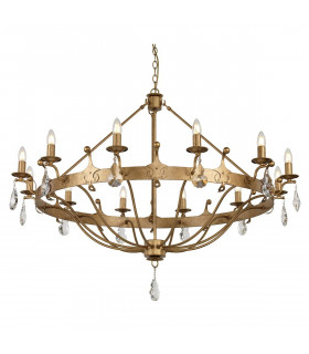 Lampadario Windsor, finitura patina dorata, cristallo, 12 luci