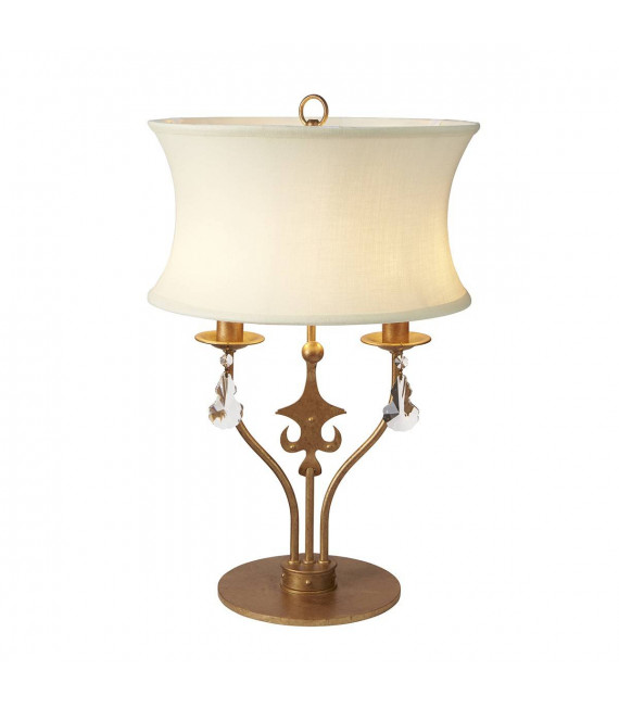 Windsor Tischlampe, goldene Patina, Kristall, weißer Lampenschirm