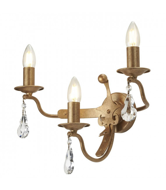 Lámpara de pared Windsor, acabado pátina dorada, cristal, 3 luces