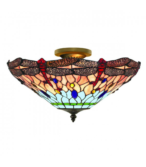 Lámpara de techo Dragon Fly, en latón antiguo y cristal tiffany