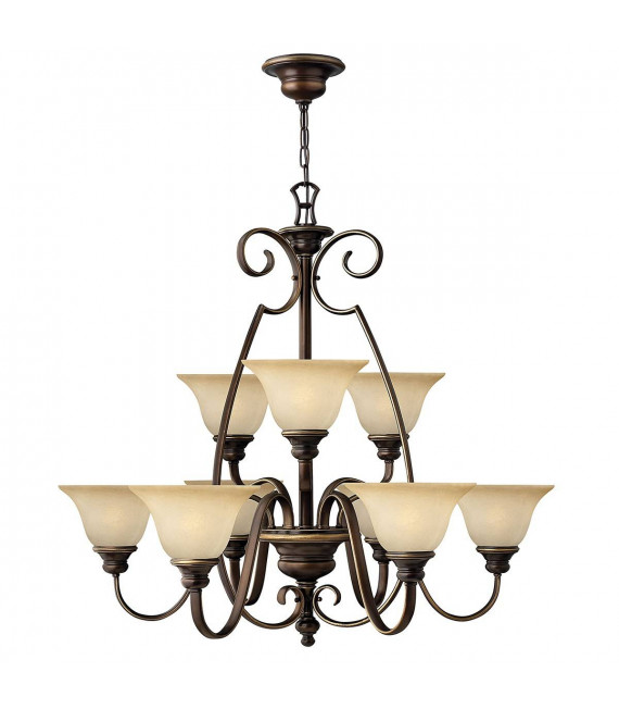 Lampada a sospensione per violoncello, bronzo antico e vetro alabastro, 6 lampadine