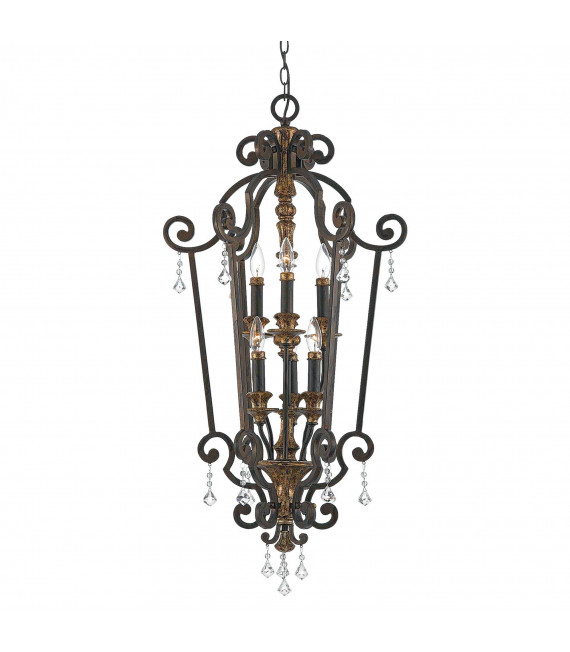 Pendente Marquette, bronzo e cristallo, 6 lampadine