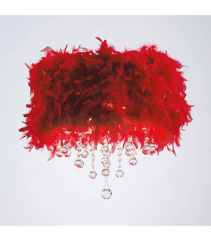 Lámpara de techo ibis con pantalla pluma roja 3 bombillas cromo pulido / cristal