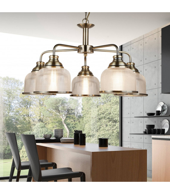 Lampada a sospensione Bistrot II, ottone antico e vetro, 3 lampadine